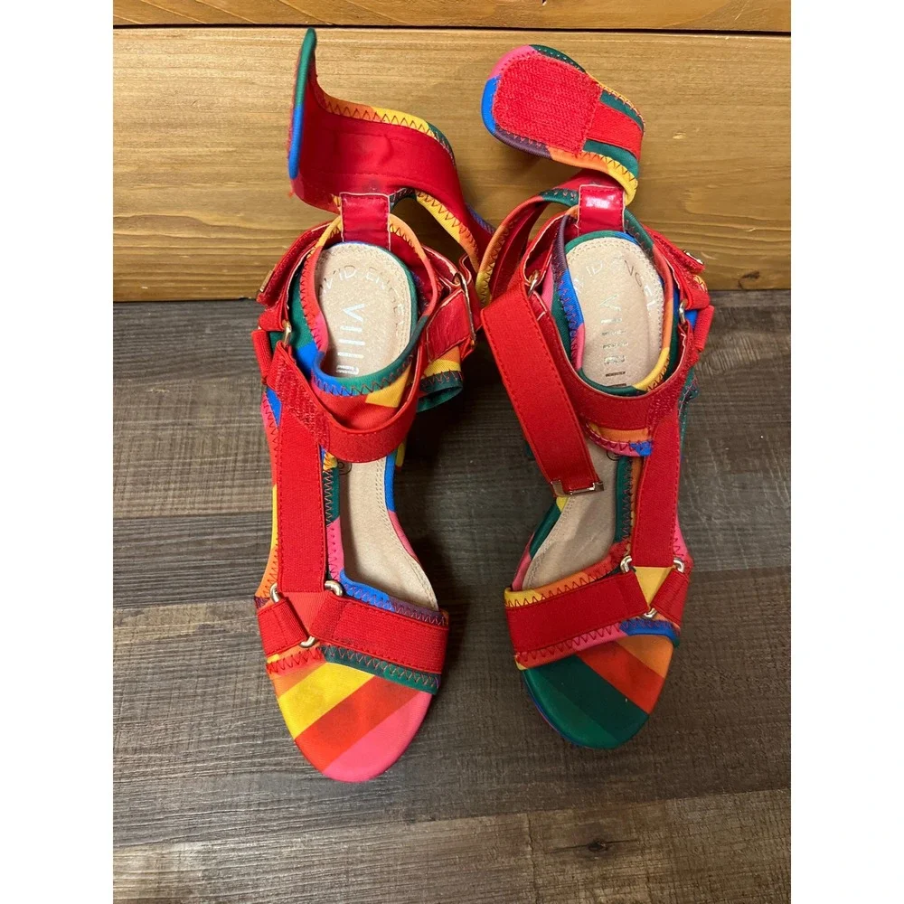 David Engel Villains Rainbow Heels Platform Ankle Strap Colorful Cross Dress Y2K